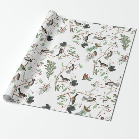 Chickadee Vogels Bessen & Pinecones Waterverf Cadeaupapier (Uitgerold)