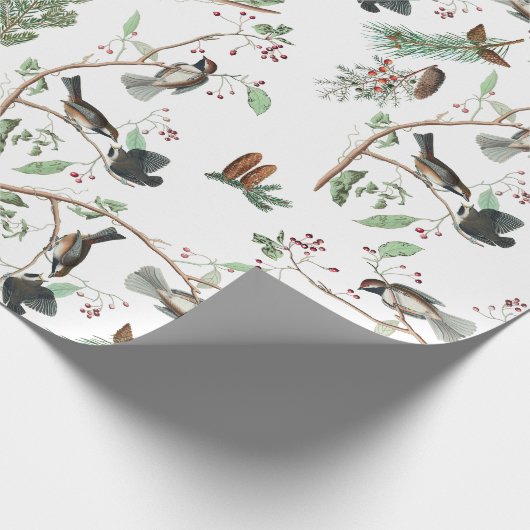 Chickadee Vogels Bessen & Pinecones Waterverf Cadeaupapier (Hoek)