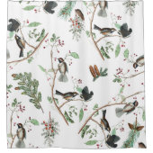 Chickadee Vogels Bessen & Pinecones Waterverf Douchegordijn (Voorkant)