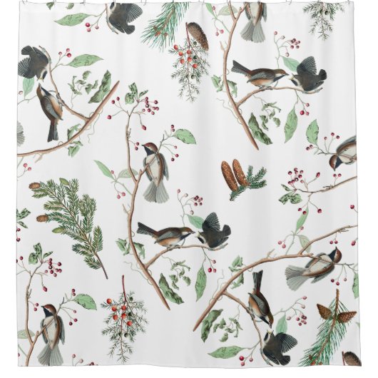 Chickadee Vogels Bessen & Pinecones Waterverf Douchegordijn (Voorkant)