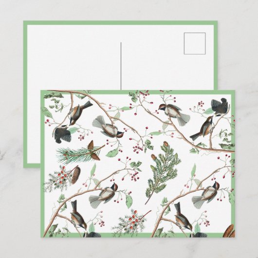 Chickadee Vogels Bessen & Pinecones Waterverf Feestdagenkaart (Voorkant / Achterkant)