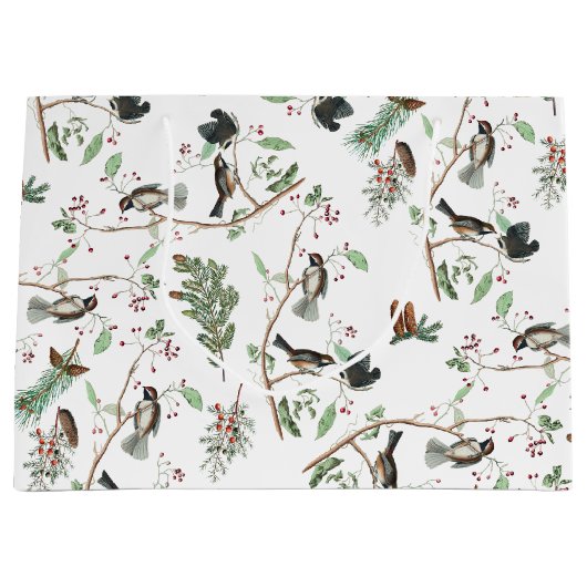 Chickadee Vogels Bessen & Pinecones Waterverf Groot Cadeauzakje (Voorkant)