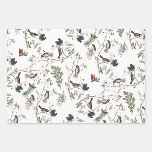 Chickadee Vogels Bessen & Pinecones Waterverf Inpakpapier Vel (Voorkant 3)