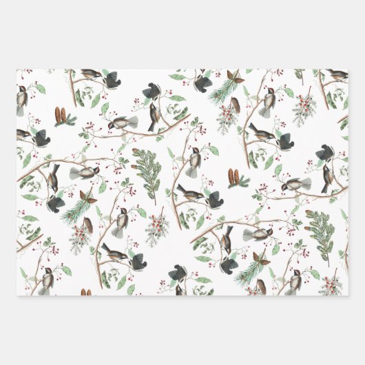 Chickadee Vogels Bessen & Pinecones Waterverf Inpakpapier Vel (Voorkant 2)