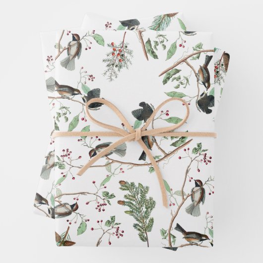 Chickadee Vogels Bessen & Pinecones Waterverf Inpakpapier Vel (In situ)