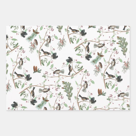 Chickadee Vogels Bessen & Pinecones Waterverf Inpakpapier Vel (Voorkant)