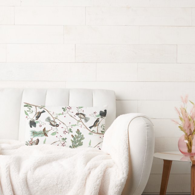 Chickadee Vogels Bessen & Pinecones Waterverf Kussen (Bank)