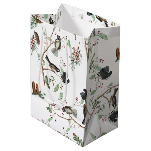 Chickadee Vogels Bessen & Pinecones Waterverf Medium Cadeauzakje (Voorkant Gekanteld)