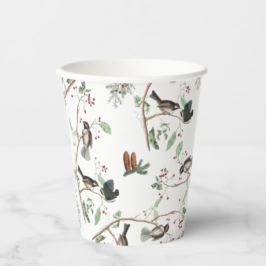 Chickadee Vogels Bessen & Pinecones Waterverf Papieren Bekers (Voorkant)