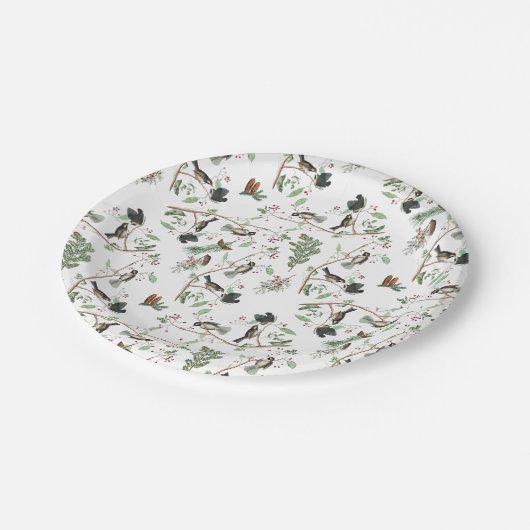 Chickadee Vogels Bessen & Pinecones Waterverf Papieren Bordje (Gekanteld)