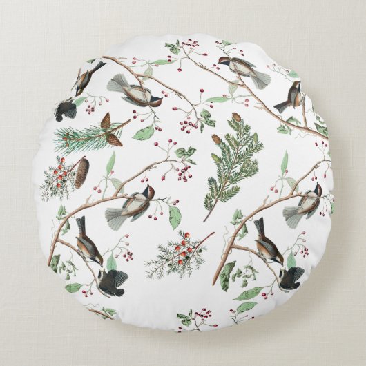 Chickadee Vogels Bessen & Pinecones Waterverf Rond Kussen (Voorkant)