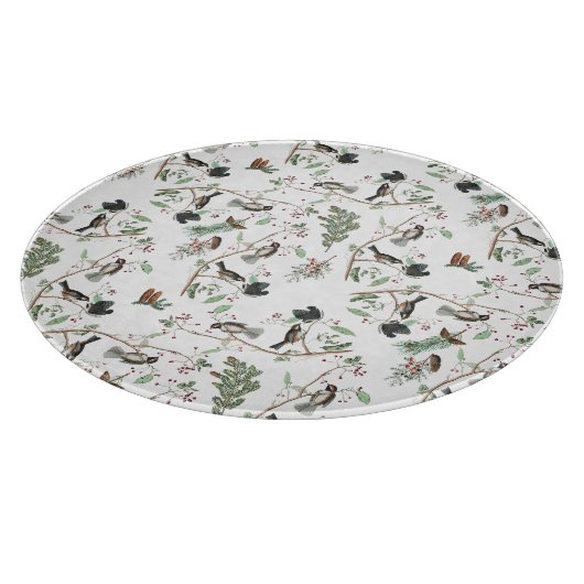 Chickadee Vogels Bessen & Pinecones Waterverf Snijplank (Hoek)