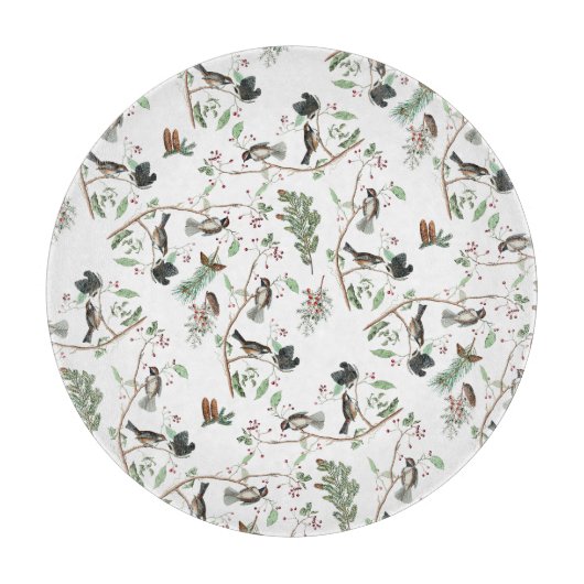 Chickadee Vogels Bessen & Pinecones Waterverf Snijplank (Voorkant)