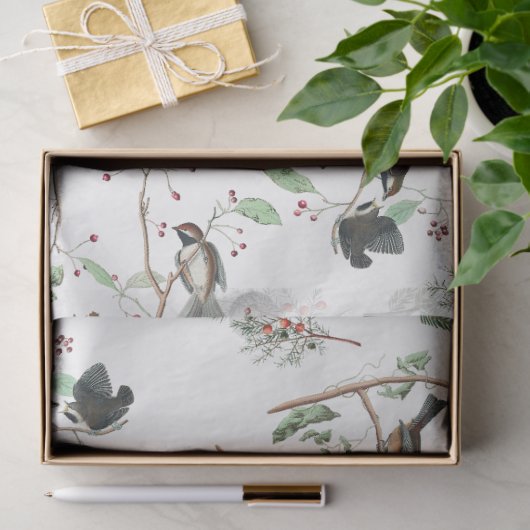 Chickadee Vogels Bessen & Pinecones Waterverf Tissuepapier (Geschenk)