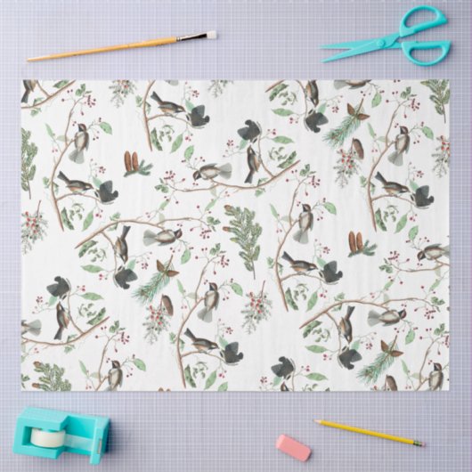 Chickadee Vogels Bessen & Pinecones Waterverf Tissuepapier (Craft)