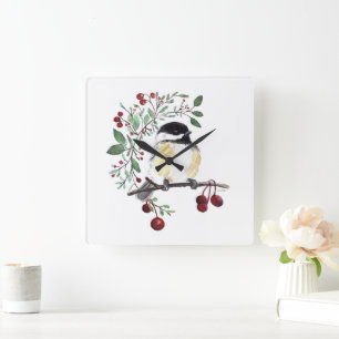 Chickadee Waterverf Bird Art Square Wall Clock Vierkante Klok