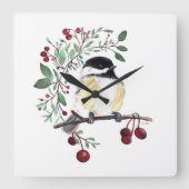 Chickadee Waterverf Bird Art Square Wall Clock Vierkante Klok (Voorkant)