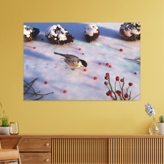 Chickadee Winter Canvas Print (Insitu (Woonkamer))