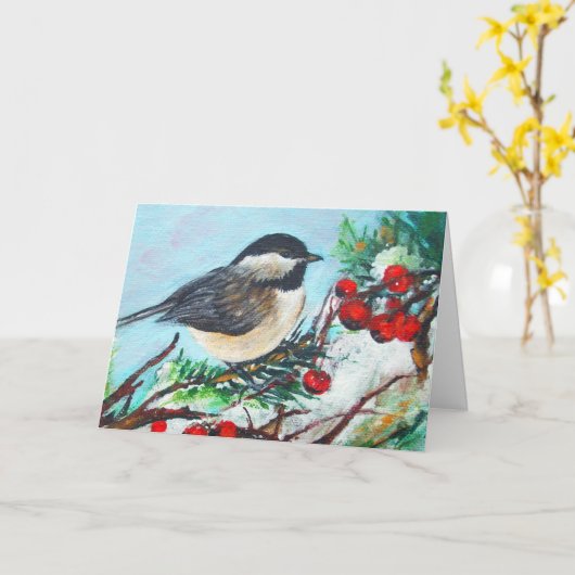 Chickadee Winter Scene Birthday Kaart (Gele Bloem)