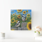 Chickadees and Sunflowers Wall Clock Vierkante Klok (Huis)