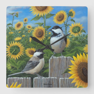 Chickadees and Sunflowers Wall Clock Vierkante Klok