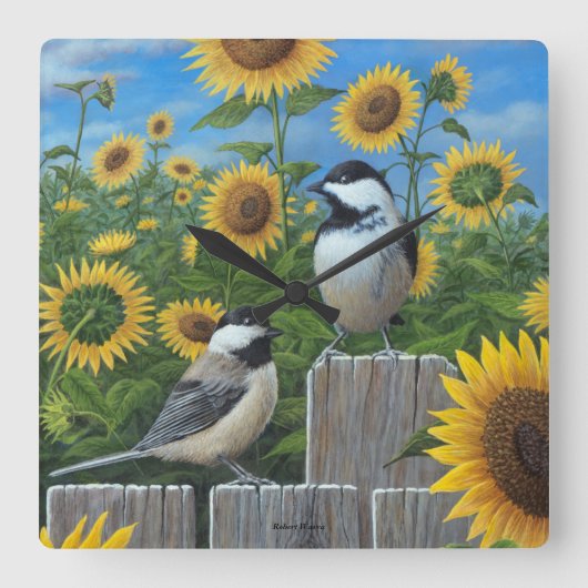 Chickadees and Sunflowers Wall Clock Vierkante Klok (Voorkant)