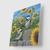 Chickadees and Sunflowers Wall Clock Vierkante Klok (Hoek)