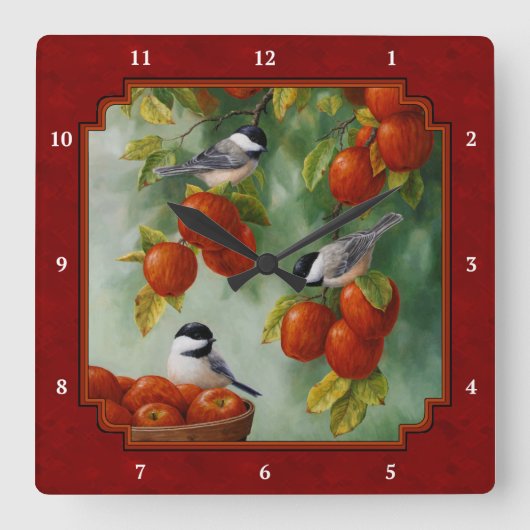 Chickadees Apple Harvest Red Vierkante Klok (Voorkant)