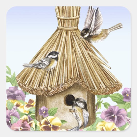 Chickadees Birdhouse Vierkante Sticker (Voorkant)