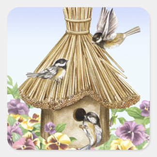 Chickadees Birdhouse Vierkante Sticker
