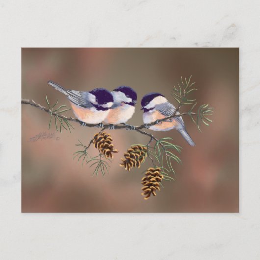 CHICKADEES EN PINECONES VAN SHARON SHARPE BRIEFKAART (Voorkant)