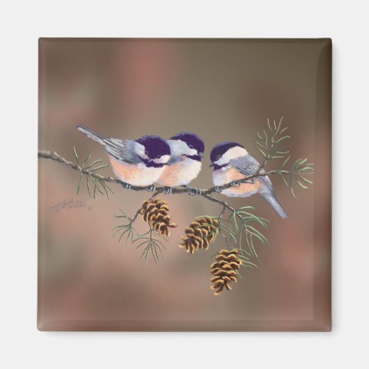 CHICKADEES EN PINECONES VAN SHARON SHARPE MAGNEET (Voorkant)