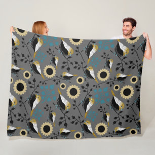 Chickadees Flowers Berries Blauwgroen Gold Black Fleece Deken
