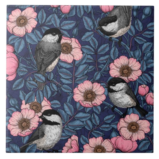 Chickadees in the wild rose in pink and blue tegeltje (Voorkant)