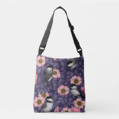 Chickadees in the wild rose in pink and violet crossbody tas (Voorkant)