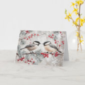  Chickadees met sneeuwvlokken en bessen Kaart (Gele Bloem)