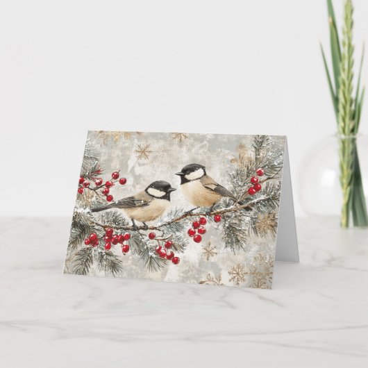 Chickadees op Evergreen met rode bessen Kaart (Voorkant)