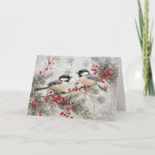 Chickadees op Evergreen met rode bessen Kaart (Voorkant)