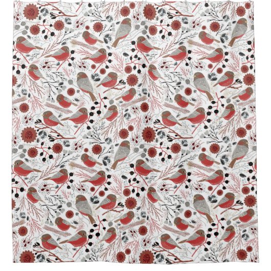 Chickadees Red Gray Pattern Douchegordijn (Voorkant)