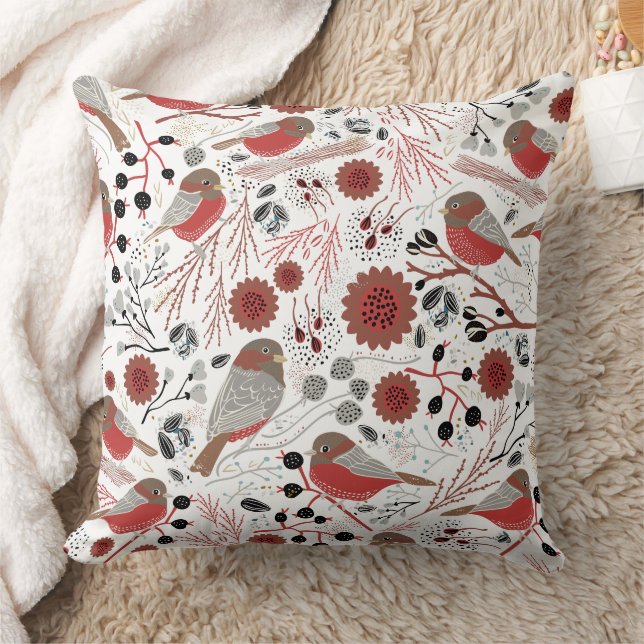 Chickadees Red Gray Pattern Kussen (Deken)