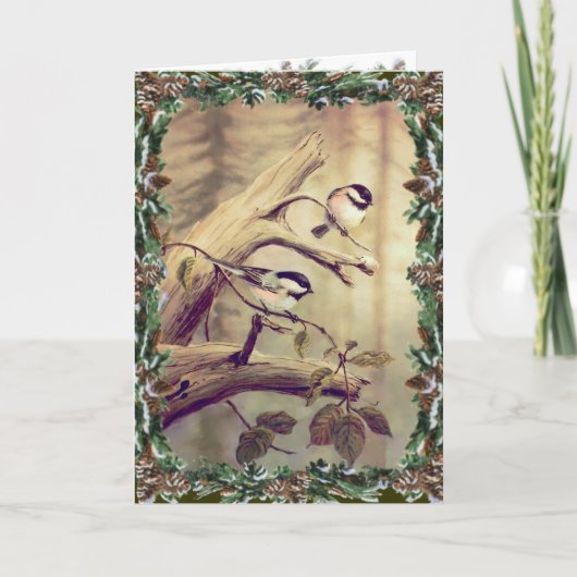 Chickadees & Wreath beroemd gemaakt door Sharon Sh Feestdagen Kaart (Voorkant)