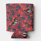 Chickadevogels op blauwbes-takken op sinaasappel blikjeskoeler (Achterkant)