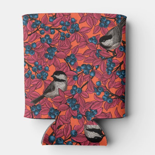 Chickadevogels op blauwbes-takken op sinaasappel blikjeskoeler (Achterkant)