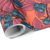 Chickadevogels op blauwbes-takken op sinaasappel cadeaupapier (Rol Hoek)