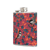 Chickadevogels op blauwbes-takken op sinaasappel heupfles (Links)