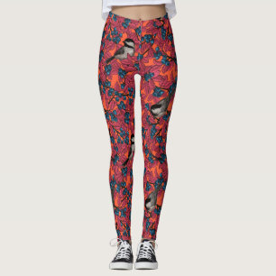 Chickadevogels op blauwbes-takken op sinaasappel leggings