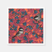 Chickadevogels op blauwbes-takken op sinaasappel servet (Voorkant)