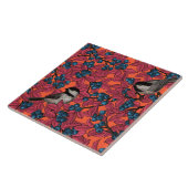 Chickadevogels op blauwbes-takken op sinaasappel tegeltje (Zijkant)