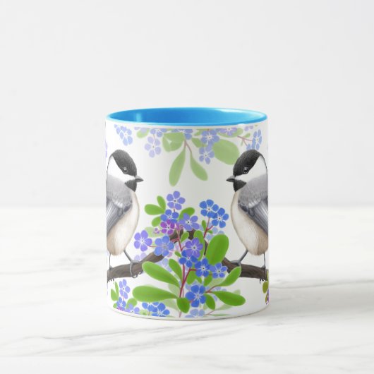 Chickadezen in Vergeet me niet Mok bloemen (Midden)