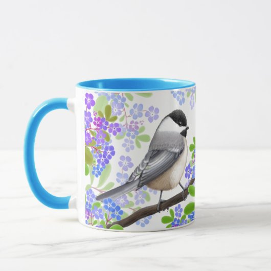 Chickadezen in Vergeet me niet Mok bloemen (Links)